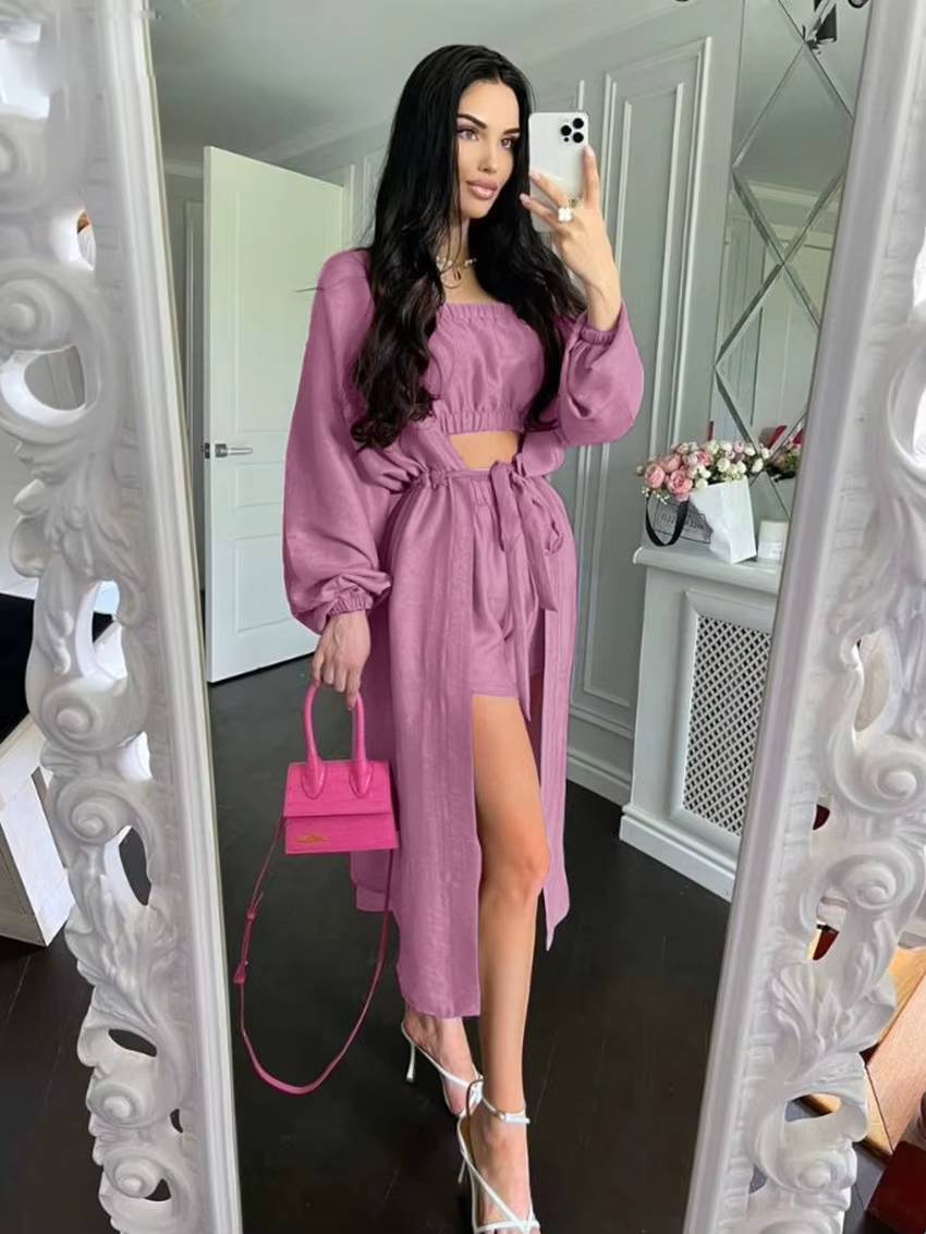 Elegant Loose Long Sleeve Robes And Tube Top With High Waist Shorts 3 Piece Sets Mssza