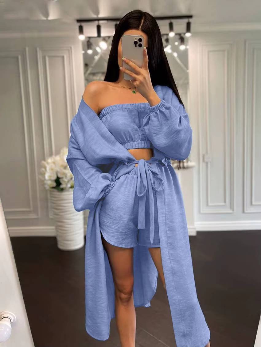 Elegant Loose Long Sleeve Robes And Tube Top With High Waist Shorts 3 Piece Sets Mssza