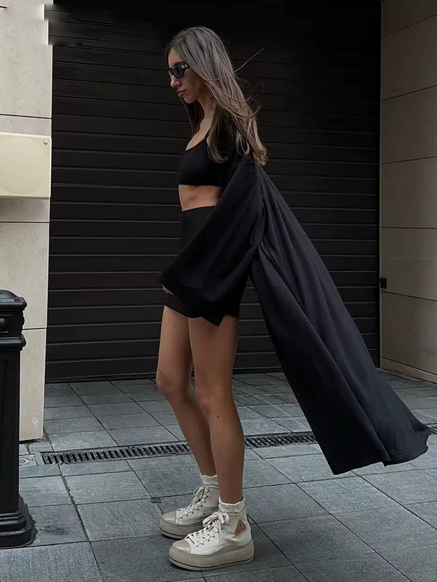Elegant Loose Long Sleeve Robes Tank Top With High Waist Mini Skirt 3 Piece Set Mssza