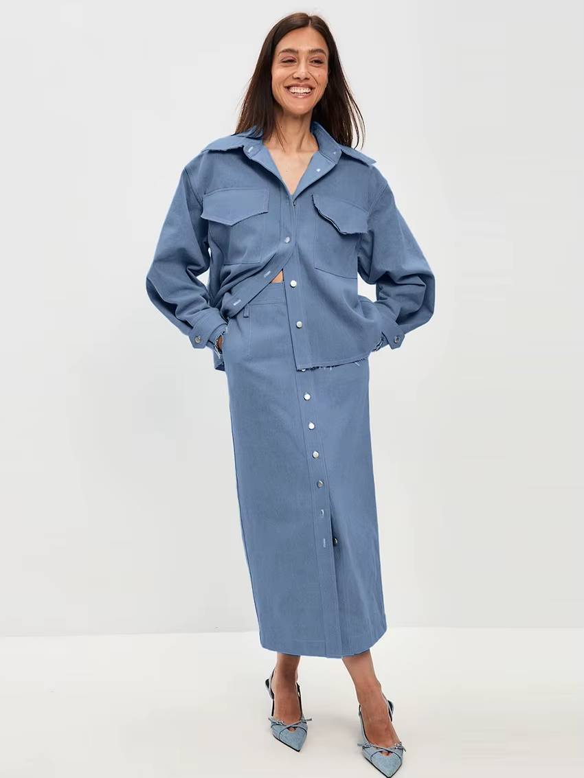 Elegant Loose Long Sleeve Shirt With High Waist Long Skirt 2 Pieces Set Mssza