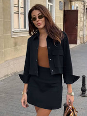 Elegant Loose Long Sleeve Shirt With High Waist Mini Skirt 2 Piece Set Mssza