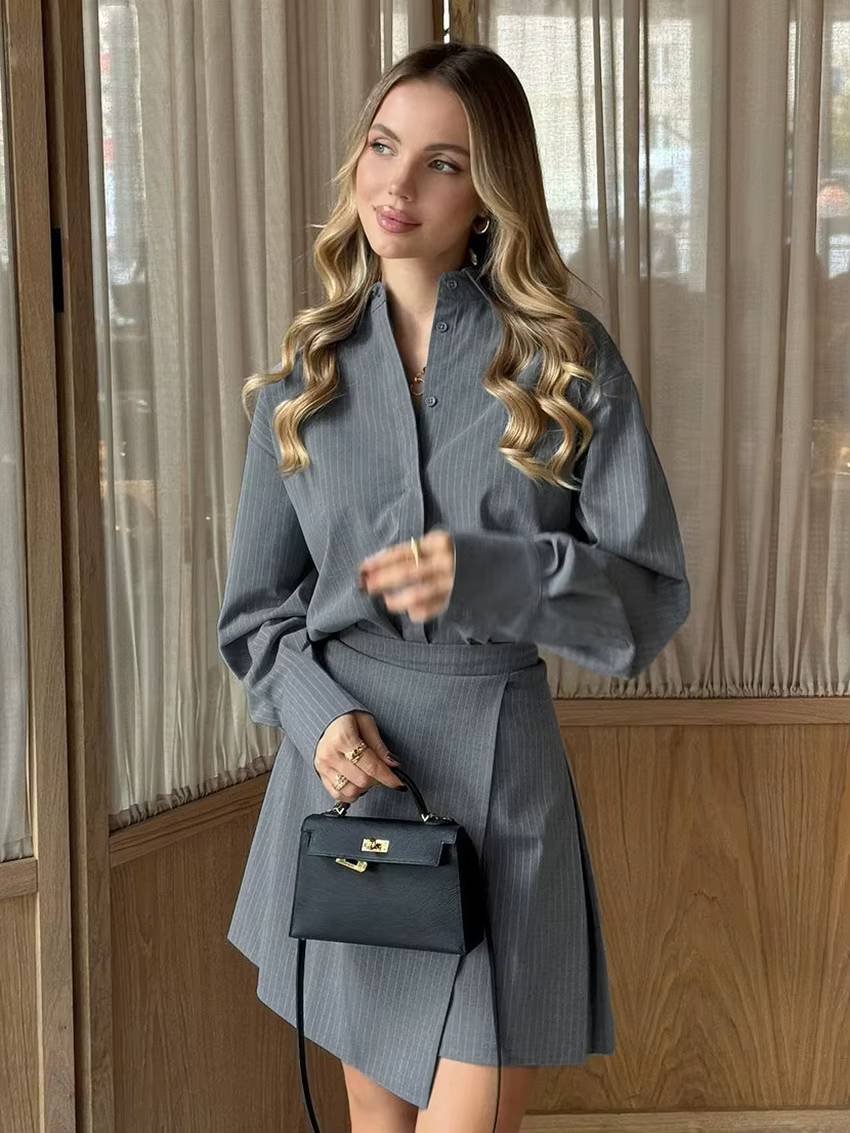 Elegant Loose Long Sleeve Shirt With High Waist Mini Skirt 2 Piece Sets Mssza