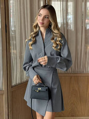 Elegant Loose Long Sleeve Shirt With High Waist Mini Skirt 2 Piece Sets Mssza