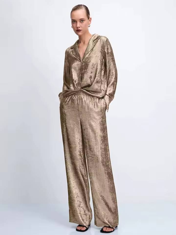Elegant Loose Long Sleeve Shirt With High Waist Wide Pants 2 Pieces Set Mssza