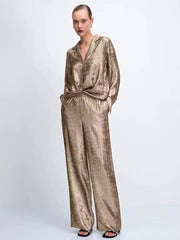 Elegant Loose Long Sleeve Shirt With High Waist Wide Pants 2 Pieces Set Mssza
