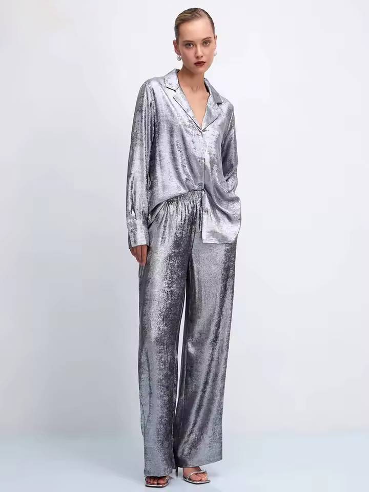 Elegant Loose Long Sleeve Shirt With High Waist Wide Pants 2 Pieces Set Mssza
