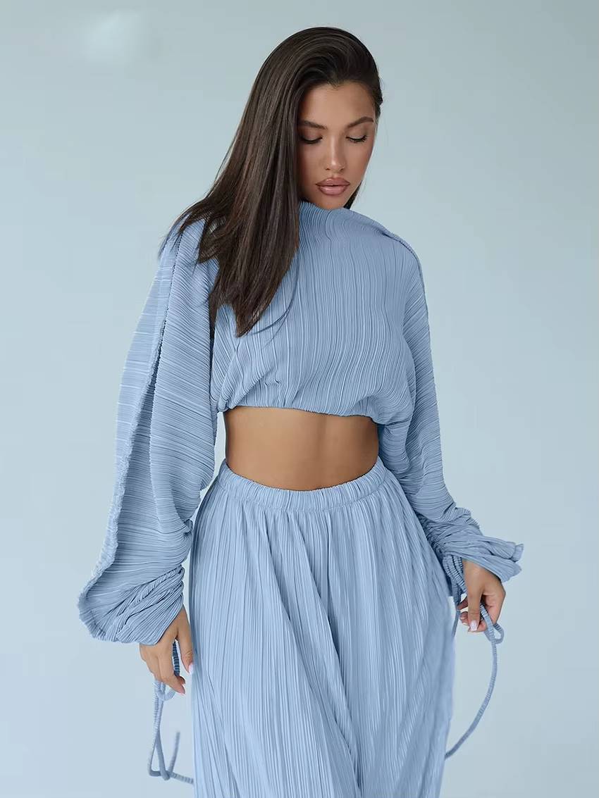 Elegant Loose Pleated Long Sleeve Crop Top With High Waist Wide Pants 2 Pieces Set Mssza