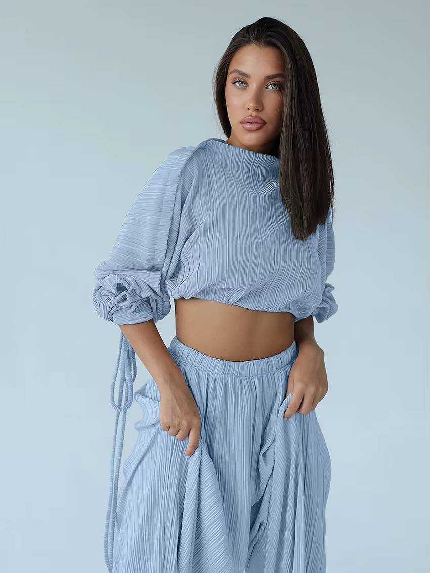 Elegant Loose Pleated Long Sleeve Crop Top With High Waist Wide Pants 2 Pieces Set Mssza