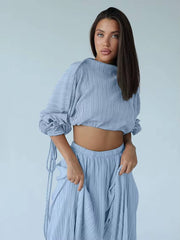 Elegant Loose Pleated Long Sleeve Crop Top With High Waist Wide Pants 2 Pieces Set Mssza