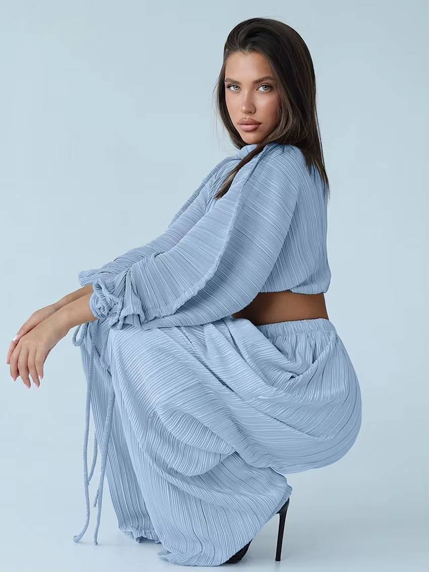Elegant Loose Pleated Long Sleeve Crop Top With High Waist Wide Pants 2 Pieces Set Mssza