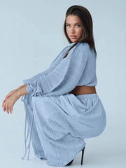 Elegant Loose Pleated Long Sleeve Crop Top With High Waist Wide Pants 2 Pieces Set Mssza