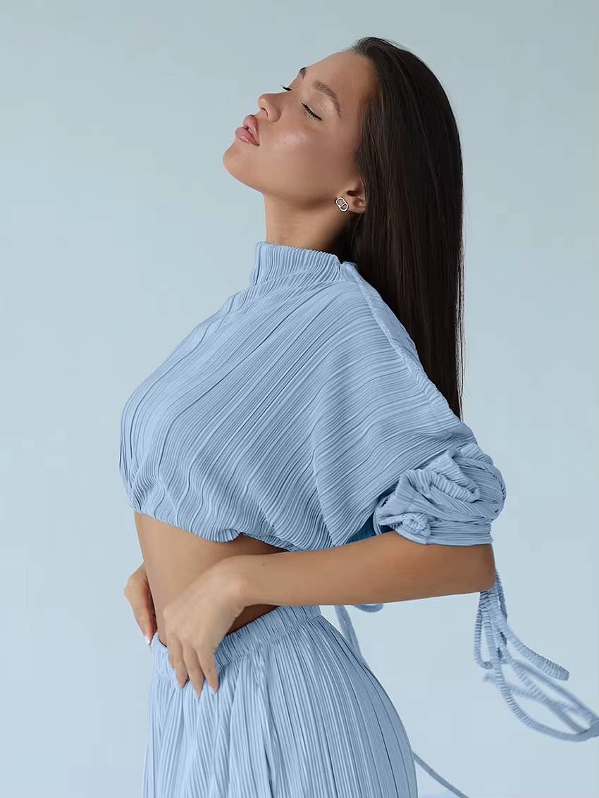 Elegant Loose Pleated Long Sleeve Crop Top With High Waist Wide Pants 2 Pieces Set Mssza