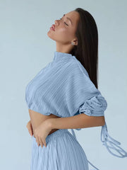 Elegant Loose Pleated Long Sleeve Crop Top With High Waist Wide Pants 2 Pieces Set Mssza