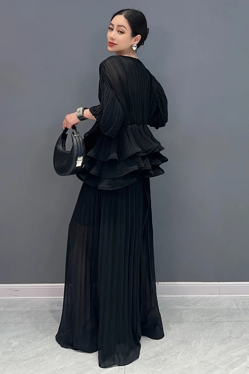 Elegant Loose U-Neck Short Sleeve Top And Wide Leg Pants Mssza