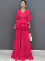 Elegant Loose U-Neck Short Sleeve Top And Wide Leg Pants Mssza