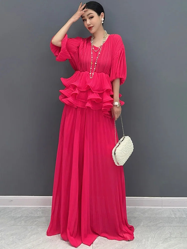 Elegant Loose U-Neck Short Sleeve Top And Wide Leg Pants Mssza