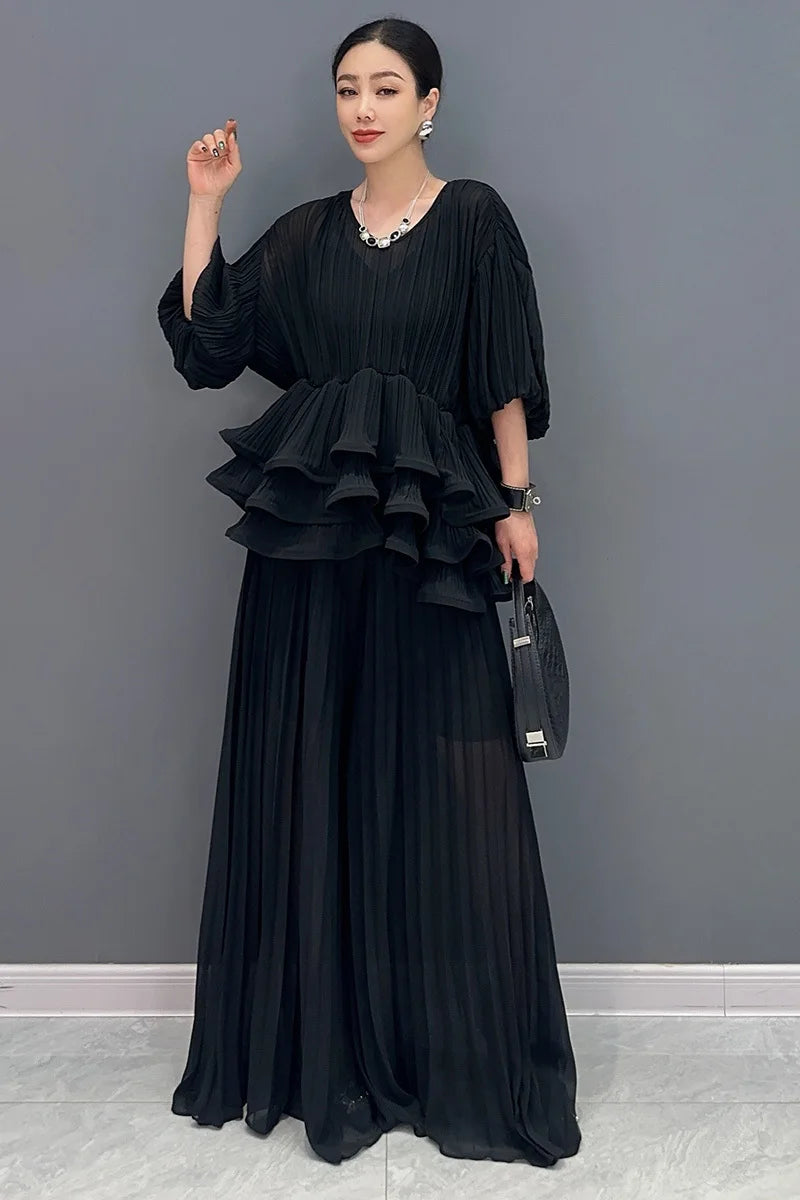 Elegant Loose U-Neck Short Sleeve Top And Wide Leg Pants Mssza