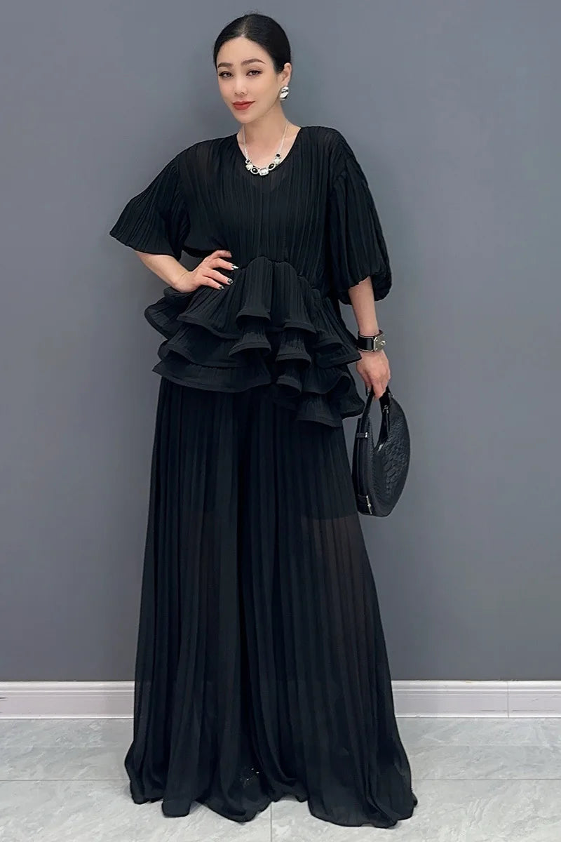 Elegant Loose U-Neck Short Sleeve Top And Wide Leg Pants Mssza