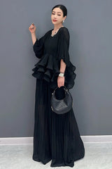 Elegant Loose U-Neck Short Sleeve Top And Wide Leg Pants Mssza