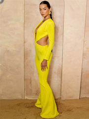 Elegant Low Cut Out Overalls Long Sleeve Club Bodycon One Pieces Jumpsuit Mssza