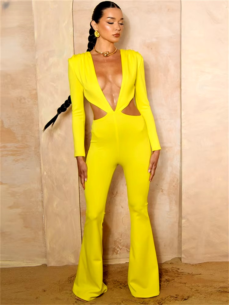 Elegant Low Cut Out Overalls Long Sleeve Club Bodycon One Pieces Jumpsuit Mssza