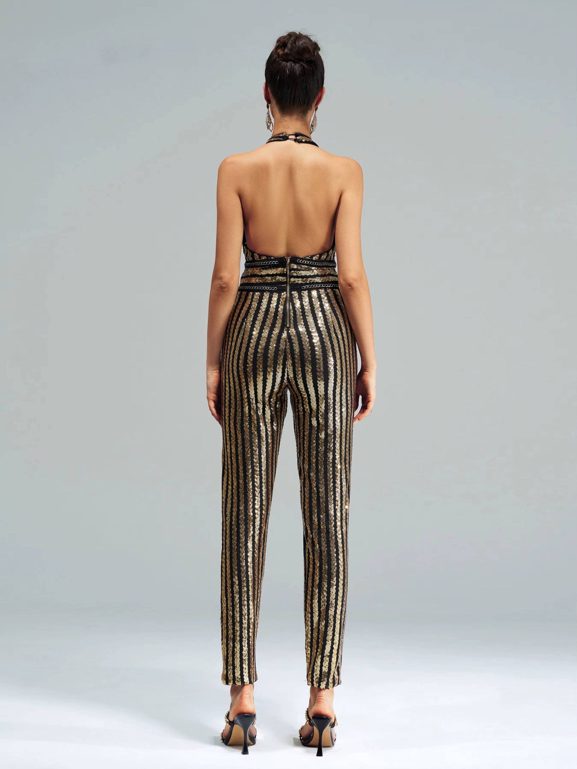 Elegant Luxury Striped Sequin Backless Birthday Party Jumpsuit Mssza