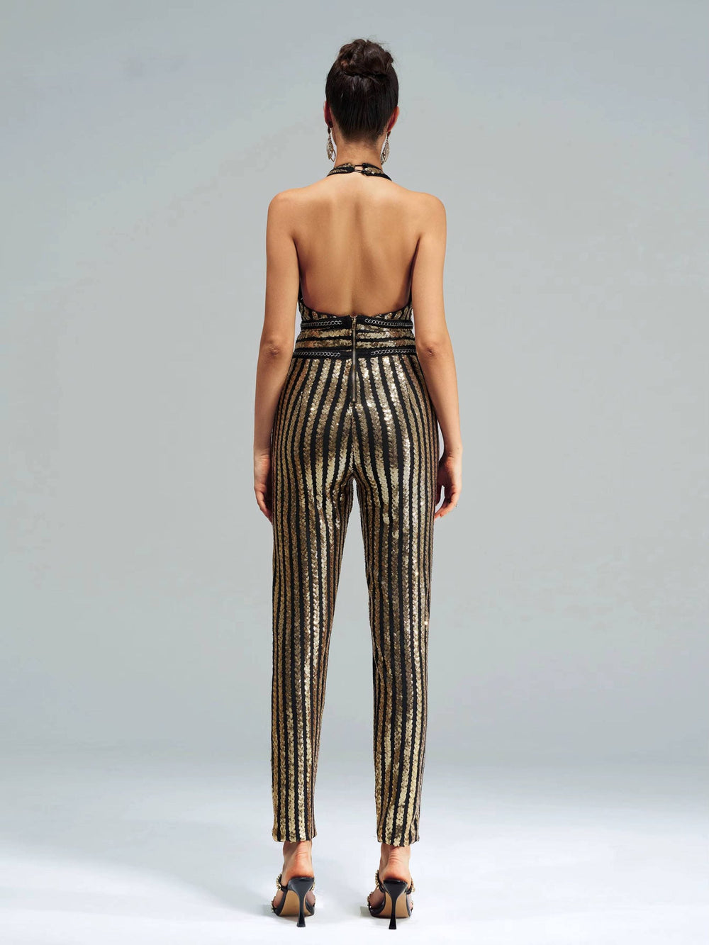 Elegant Luxury Striped Sequin Backless Birthday Party Jumpsuit Mssza