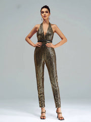Elegant Luxury Striped Sequin Backless Birthday Party Jumpsuit Mssza