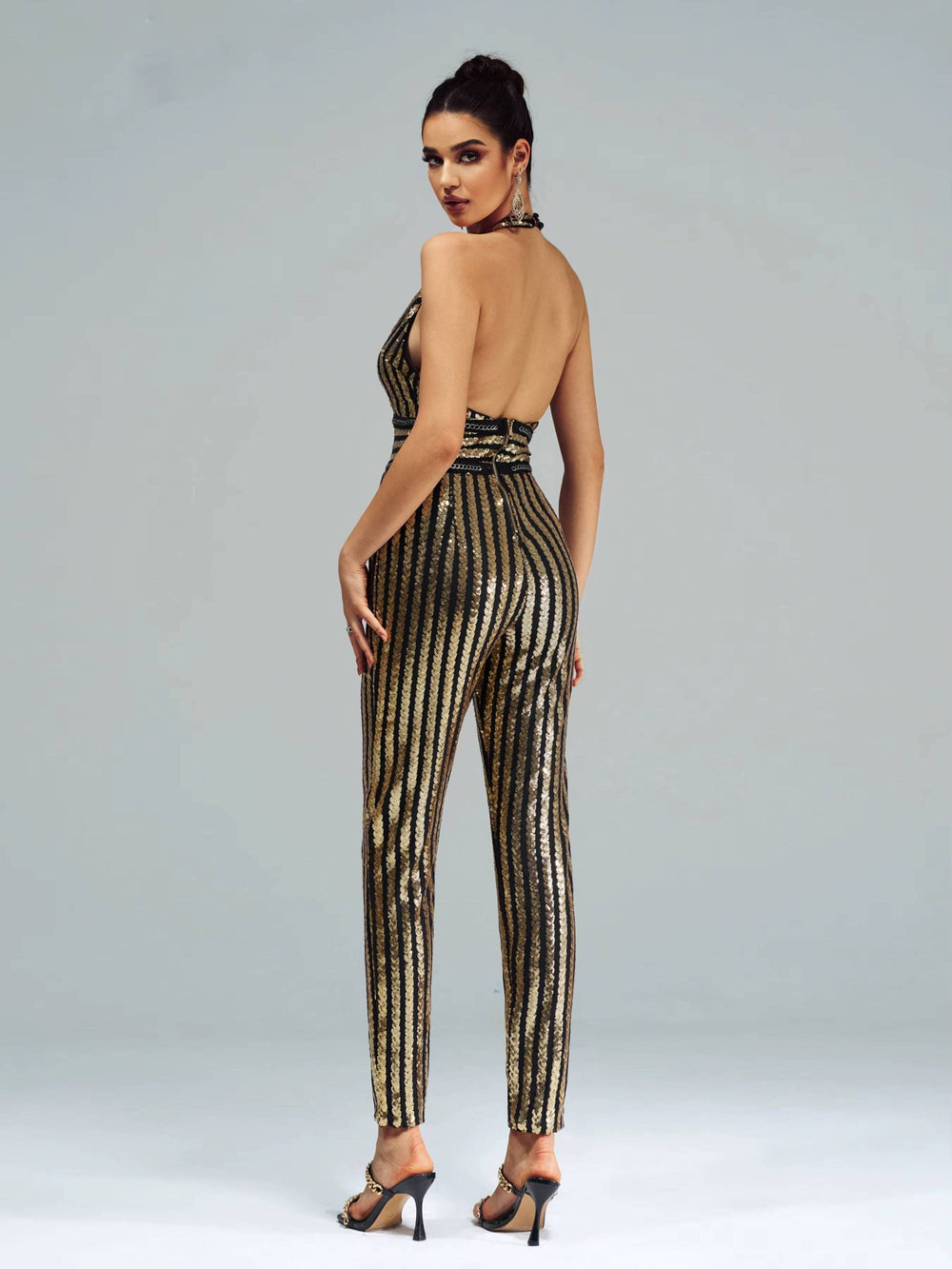 Elegant Luxury Striped Sequin Backless Birthday Party Jumpsuit Mssza