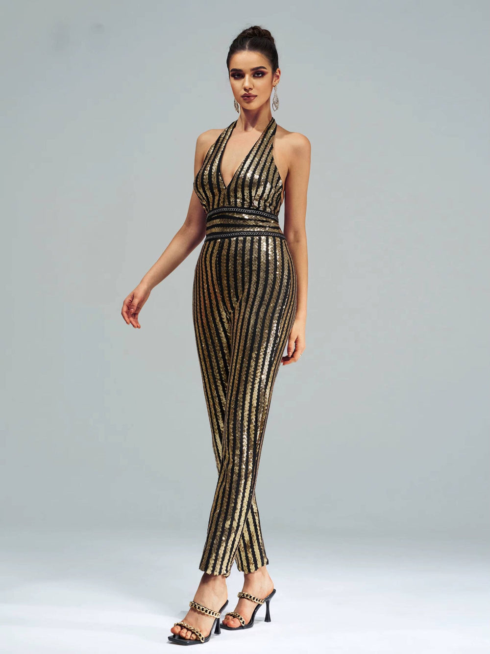 Elegant Luxury Striped Sequin Backless Birthday Party Jumpsuit Mssza