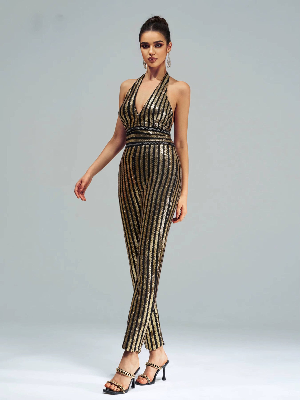 Elegant Luxury Striped Sequin Backless Birthday Party Jumpsuit Mssza