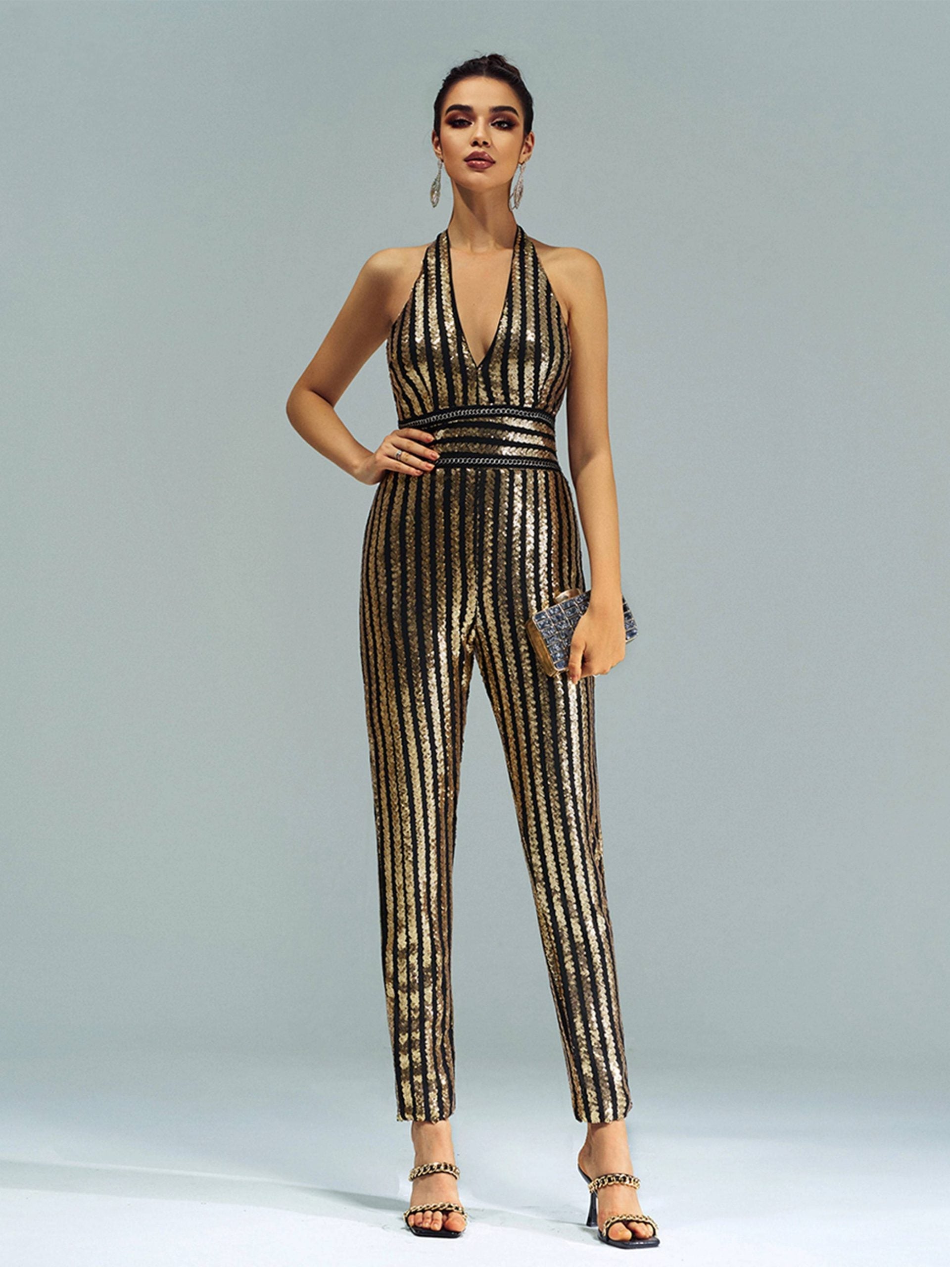 Elegant Luxury Striped Sequin Backless Birthday Party Jumpsuit Mssza