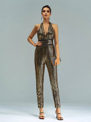 Elegant Luxury Striped Sequin Backless Birthday Party Jumpsuit Mssza