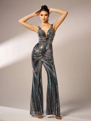 Elegant Luxury V-Neck Sequin Birthday Party Ankle-Length Jumpsuit Mssza