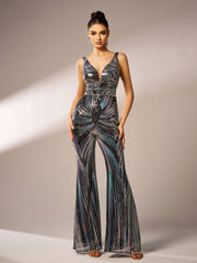 Elegant Luxury V-Neck Sequin Birthday Party Ankle-Length Jumpsuit Mssza
