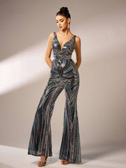 Elegant Luxury V-Neck Sequin Birthday Party Ankle-Length Jumpsuit Mssza
