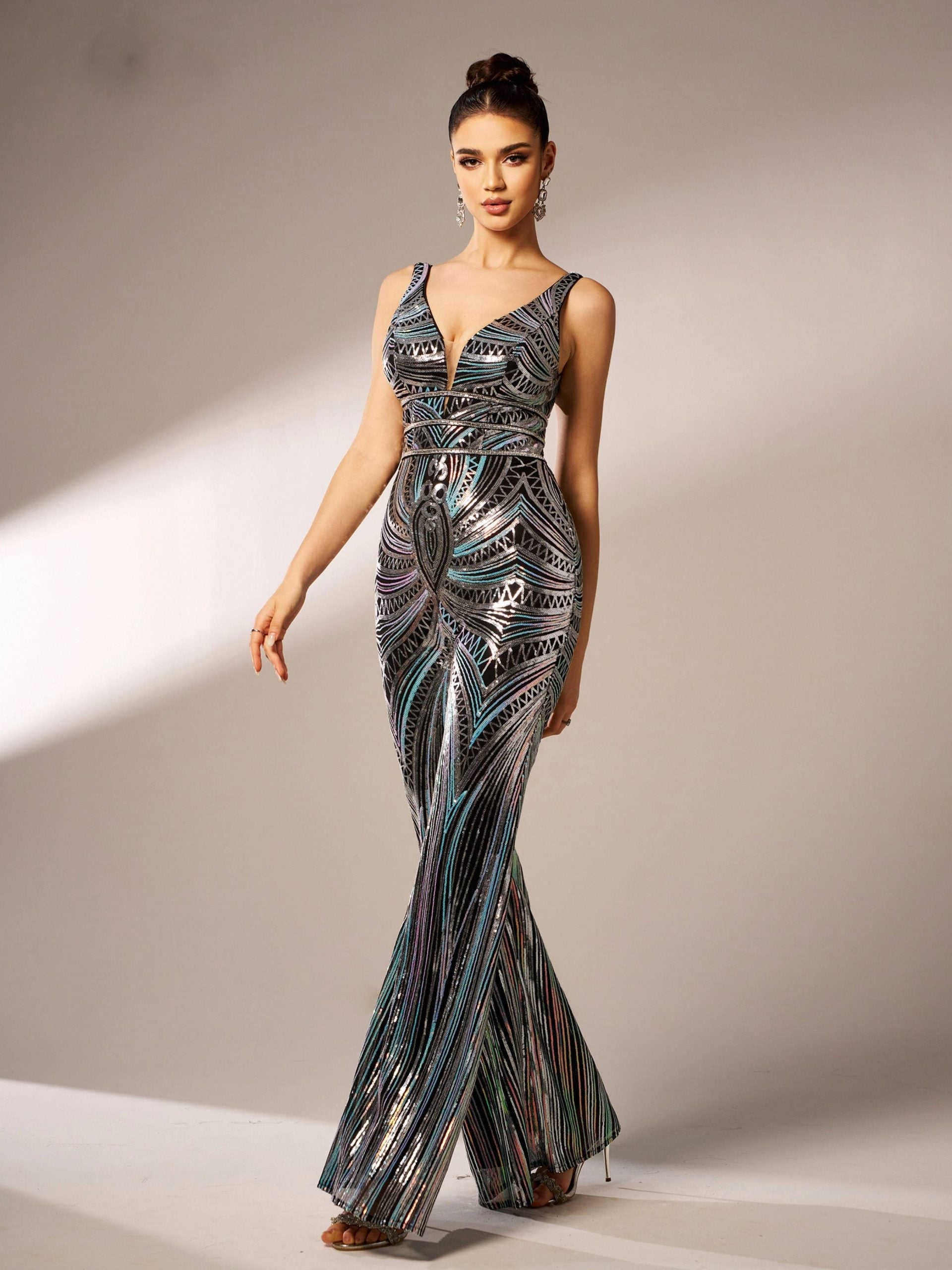 Elegant Luxury V-Neck Sequin Birthday Party Ankle-Length Jumpsuit Mssza