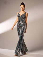 Elegant Luxury V-Neck Sequin Birthday Party Ankle-Length Jumpsuit Mssza