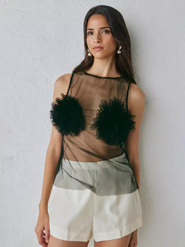 Elegant Mesh Clubwear Flower Sheer Long Sleeve Top Mssza