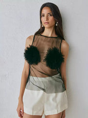 Elegant Mesh Clubwear Flower Sheer Long Sleeve Top Mssza