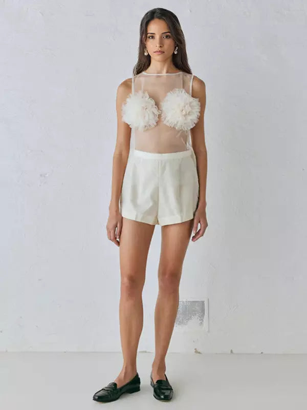 Elegant Mesh Clubwear Flower Sheer Long Sleeve Top Mssza
