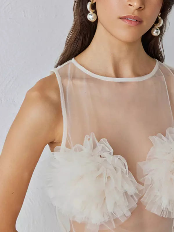Elegant Mesh Clubwear Flower Sheer Long Sleeve Top Mssza