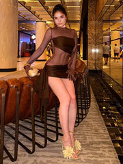 Elegant Mesh Jewel One Sleeve Bodycon Mini Club Dress Mssza