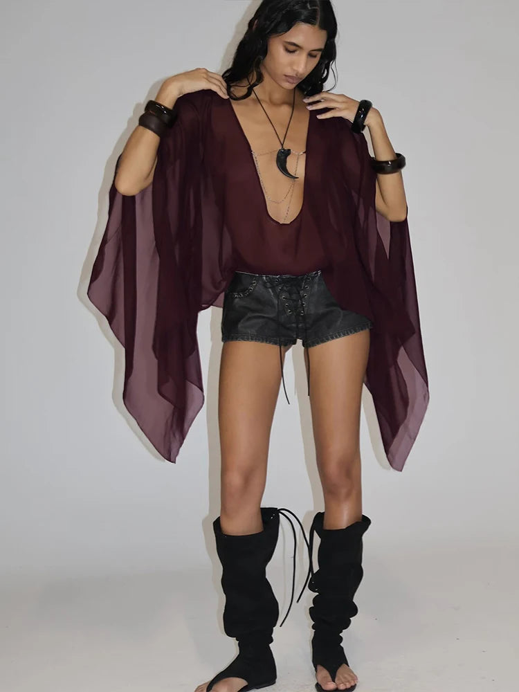 Elegant Mesh See Through Deep V-Neck Full Sleeve Irregular Ruffles Tassel Top Mssza