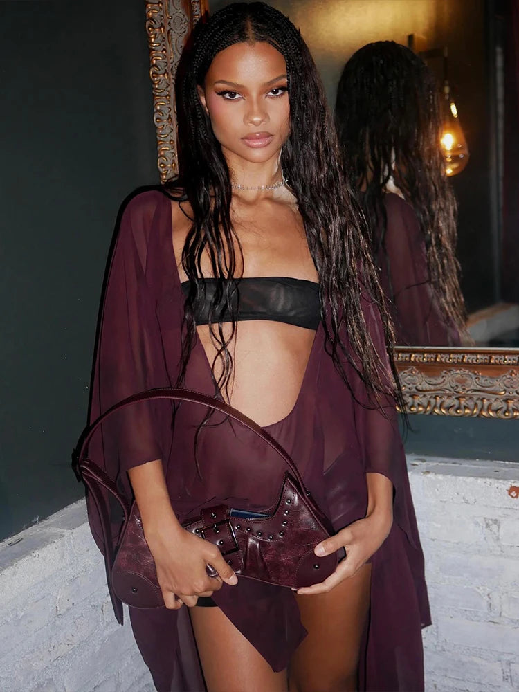 Elegant Mesh See Through Deep V-Neck Full Sleeve Irregular Ruffles Tassel Top Mssza