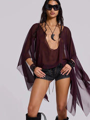Elegant Mesh See Through Deep V-Neck Full Sleeve Irregular Ruffles Tassel Top Mssza