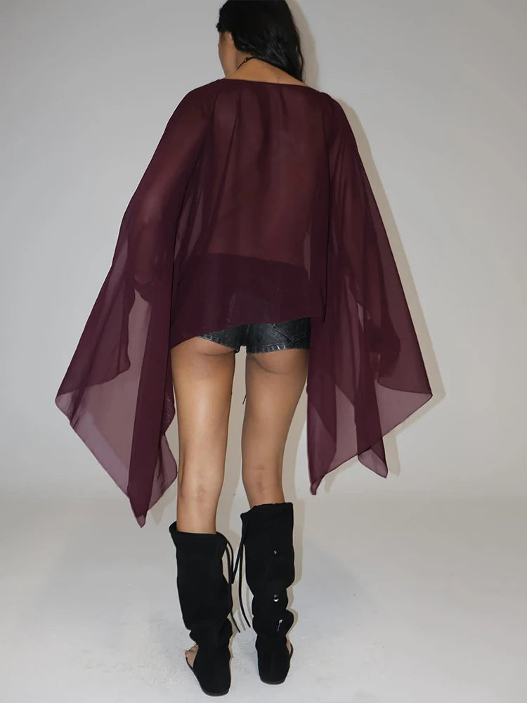 Elegant Mesh See Through Deep V-Neck Full Sleeve Irregular Ruffles Tassel Top Mssza