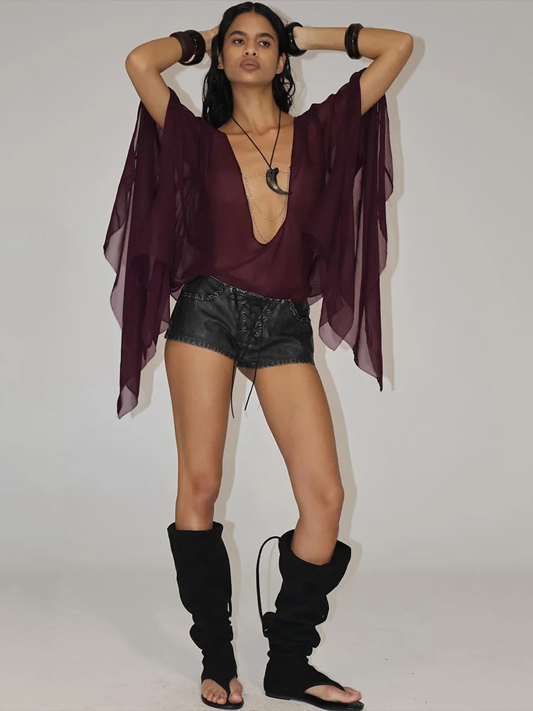 Elegant Mesh See Through Deep V-Neck Full Sleeve Irregular Ruffles Tassel Top Mssza