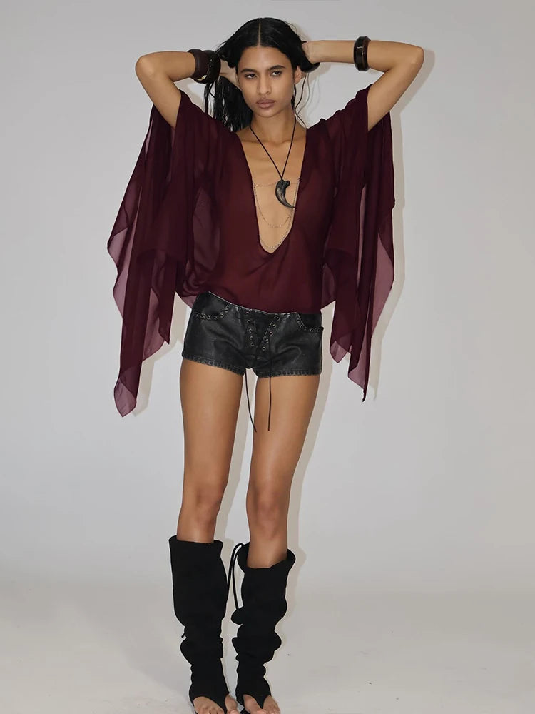 Elegant Mesh See Through Deep V-Neck Full Sleeve Irregular Ruffles Tassel Top Mssza