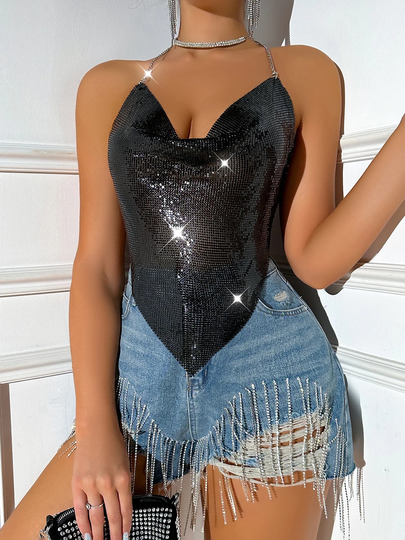 Elegant Metal Sequined Backless Glitter Beach Club Tank Top Mssza